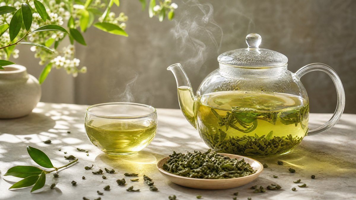 Foglie fresche di tè verde e una tazza di tè verde in infusione